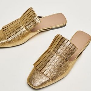 Metallic Gold Shimmer Slide Mule w/ Fringe